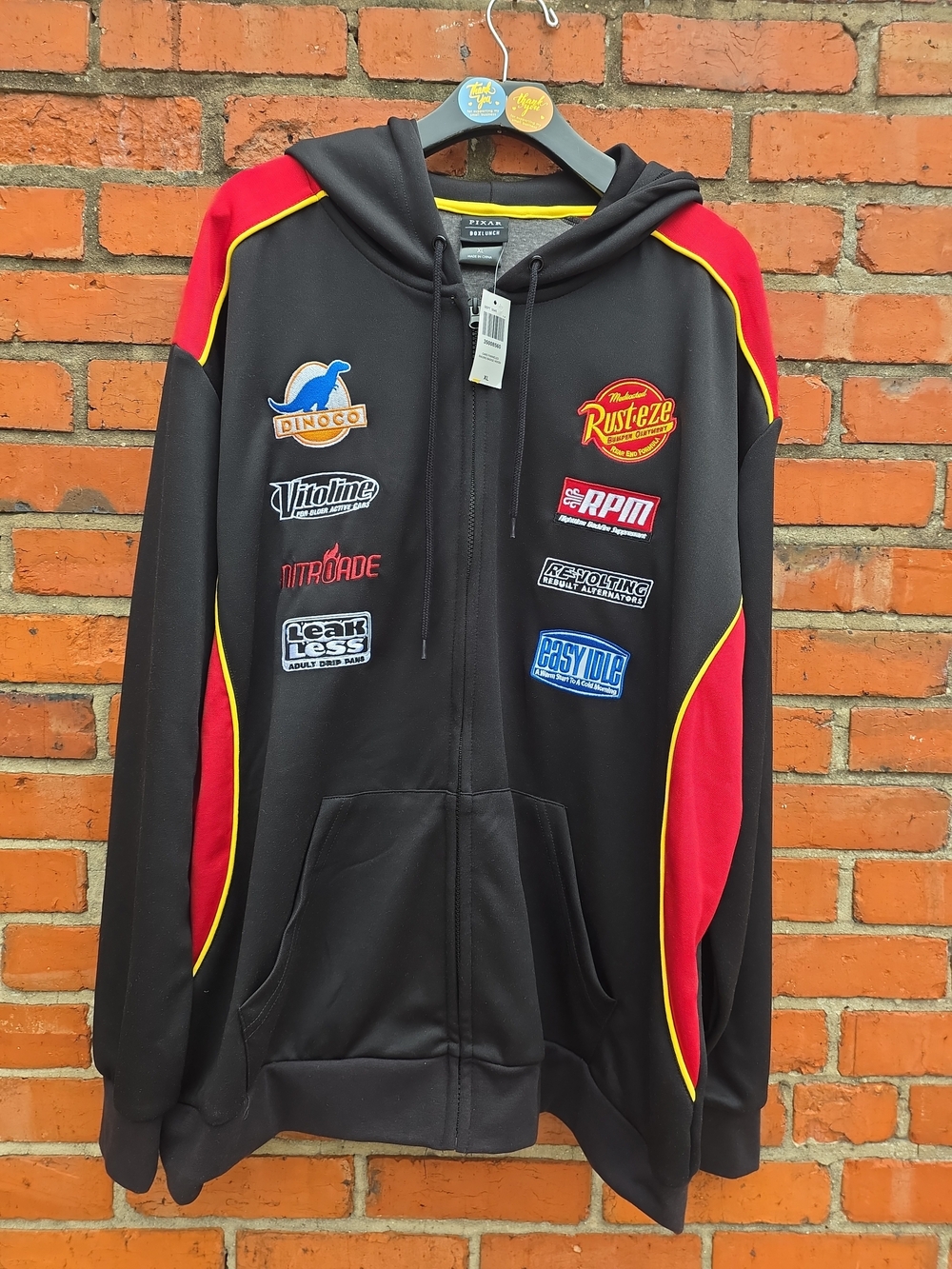 Disney Pixar Cars Lightning McQueen Racing Badges Zippered Hoodie XL NWT